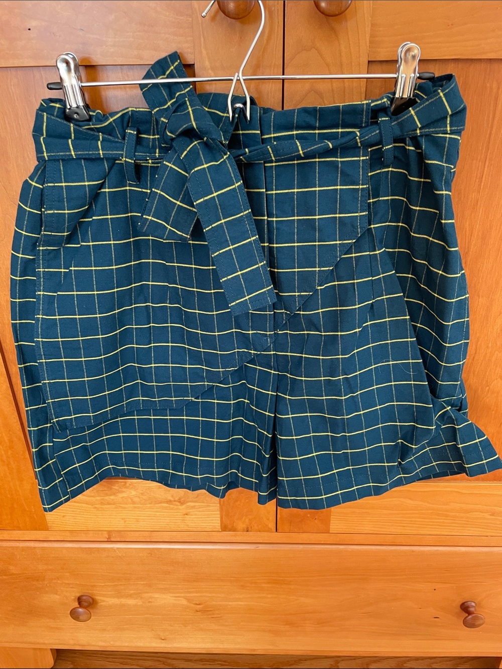 Anthropologie Teal Shorts with Yellow Windowpane Belt